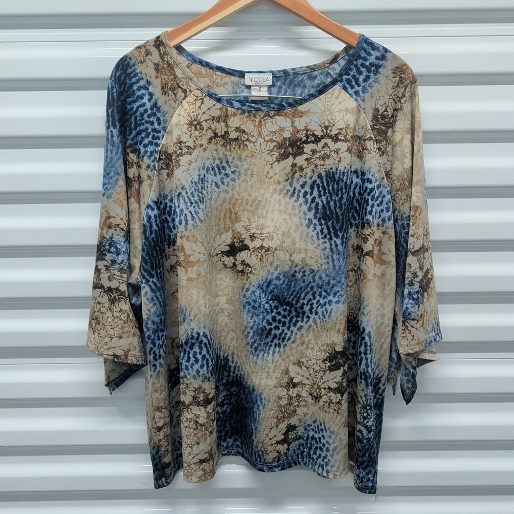 Nicola Woman Blouse 3XL Womens Blue Tan Abstract Animal Floral Raglan Top — photo 2